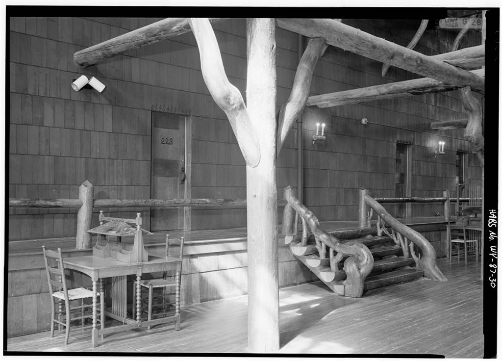 Rustic timber trusses in the lobby of Yellowstone's Old Faithful Inn.