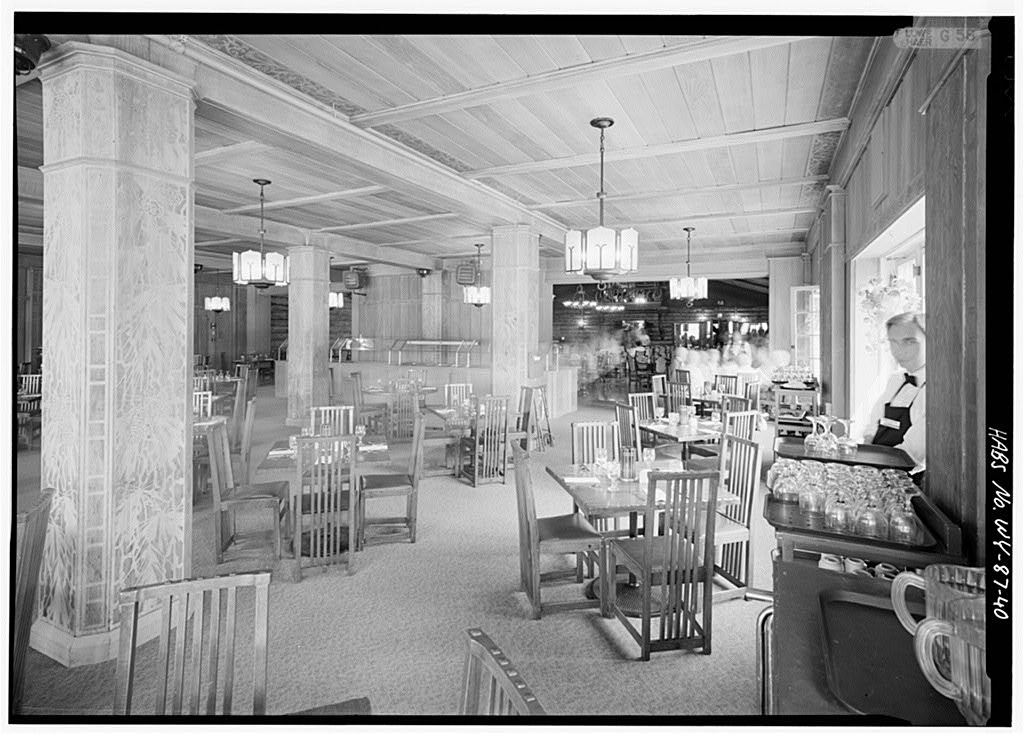 Restaurant interior of Yellowstone's Old Faithful Inn.