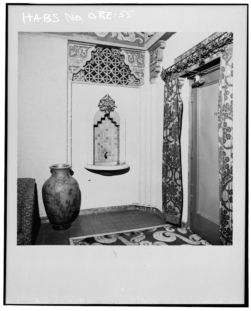 Ornamental plasterwork Khmer Revival lobby of Portland's Oriental Theater.
