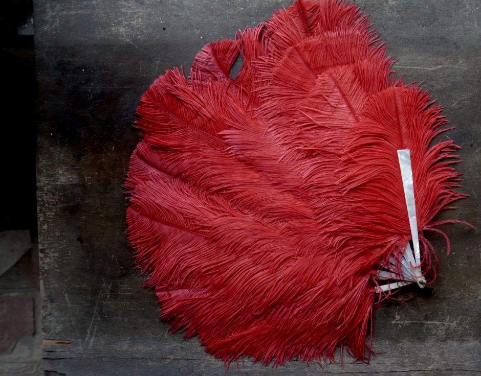 Red Antique Ostrich Feather Fan