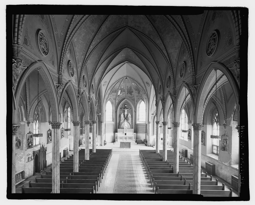 View of the vaulted gothic revival interior of an historic Philadelphia church.